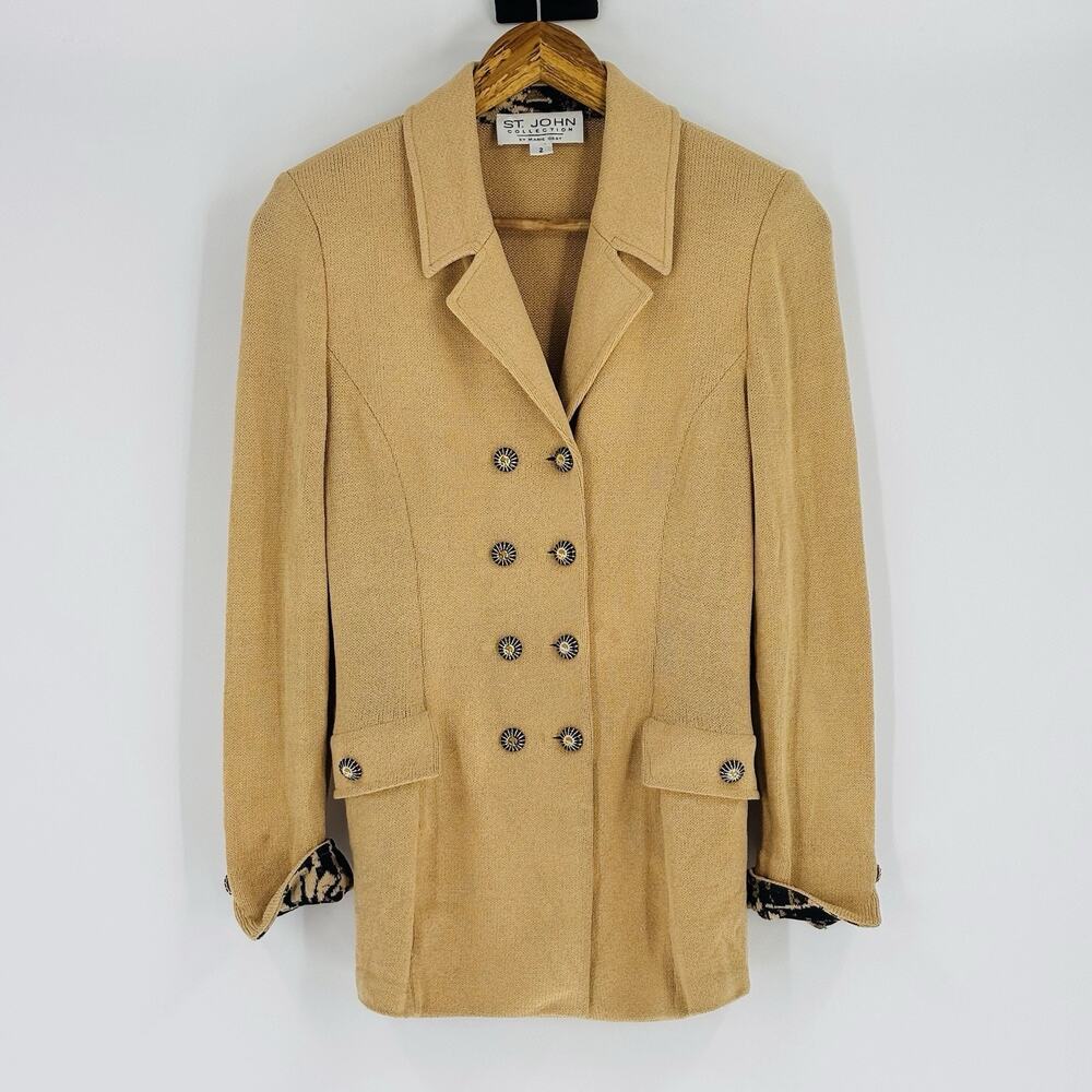 St.John Collection Sz 2 Beige Animal Contrast Santana Knit Blazer Jacket XS S